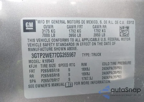2012 GMC Sierra 1500 Slt from USA, damaged, VIN 3GTP2WE77CG265967